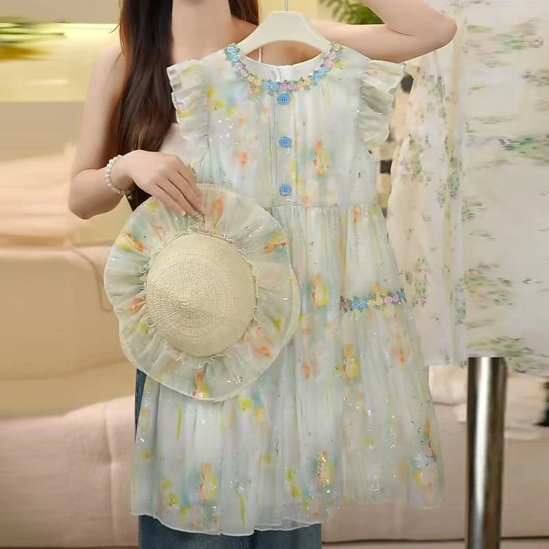 夏季蓬蓬裙休闲风女碎花连衣裙泡泡袖无袖童装甜美