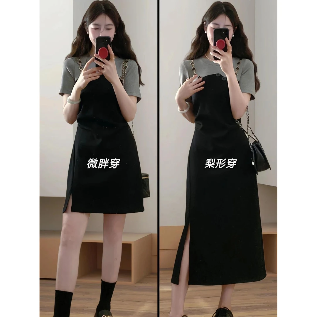 假两件收腰连衣裙女夏季新款微胖mm大码拼接设计感收腰显瘦小黑裙