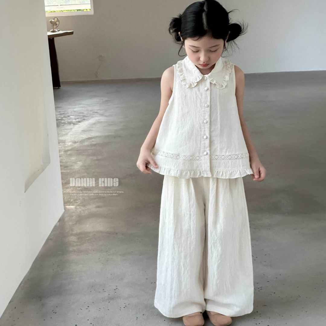 【嗒囜】女童25夏季新款米杏色宽松背心上衣+阔腿裤两件套休闲套装