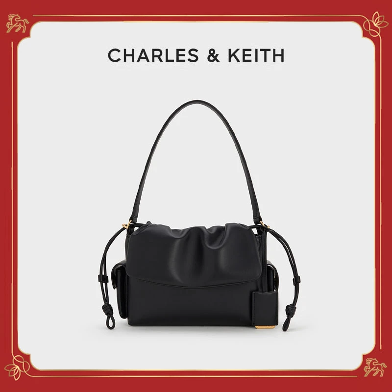 CHARLES & KEITH【明星同款】琥珀风抽绳翻盖手提斜跨包20671785-1