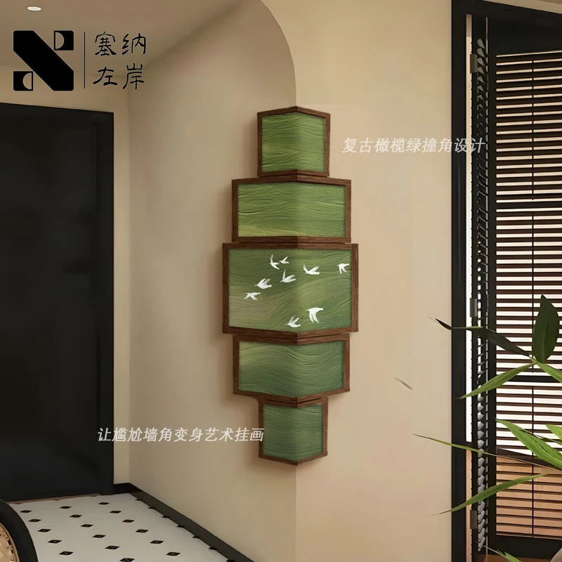飞鸟客厅装饰画绿色法式复古拐角挂画创意入户玄关转角背景墙壁画