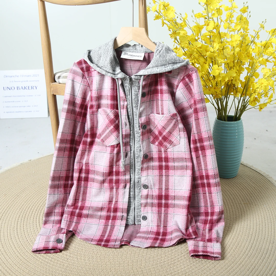 拼接假两件复古格子连帽韩系中长款百搭可亲子衬衣女士外套6C701