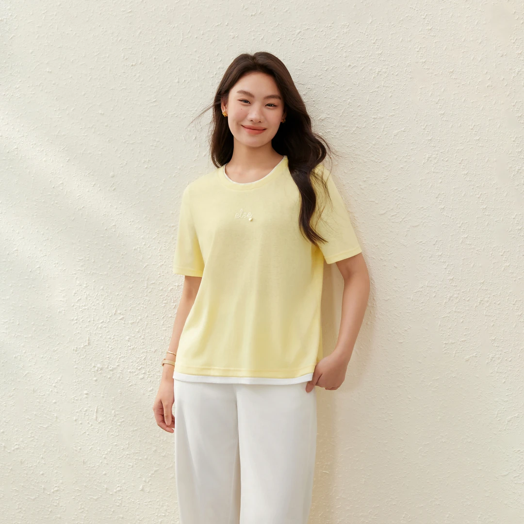 【雾霭晨辉】纤莉秀W大码女装欧若风假两件设计圆领绣花T恤QK1474