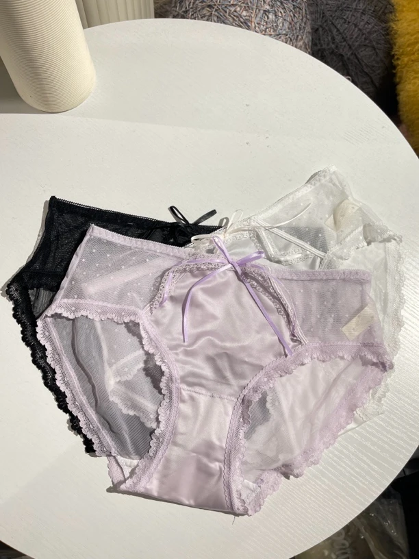 3条装 心动绵绵 夏季中腰大包臀华尔缎蕾丝女士内裤