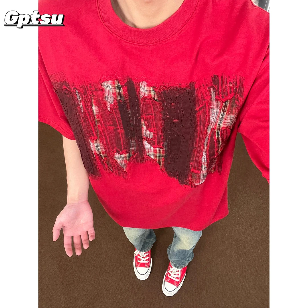 GPTSu春季男士美式设计感格子破洞短袖t恤季高级感半袖上衣潮