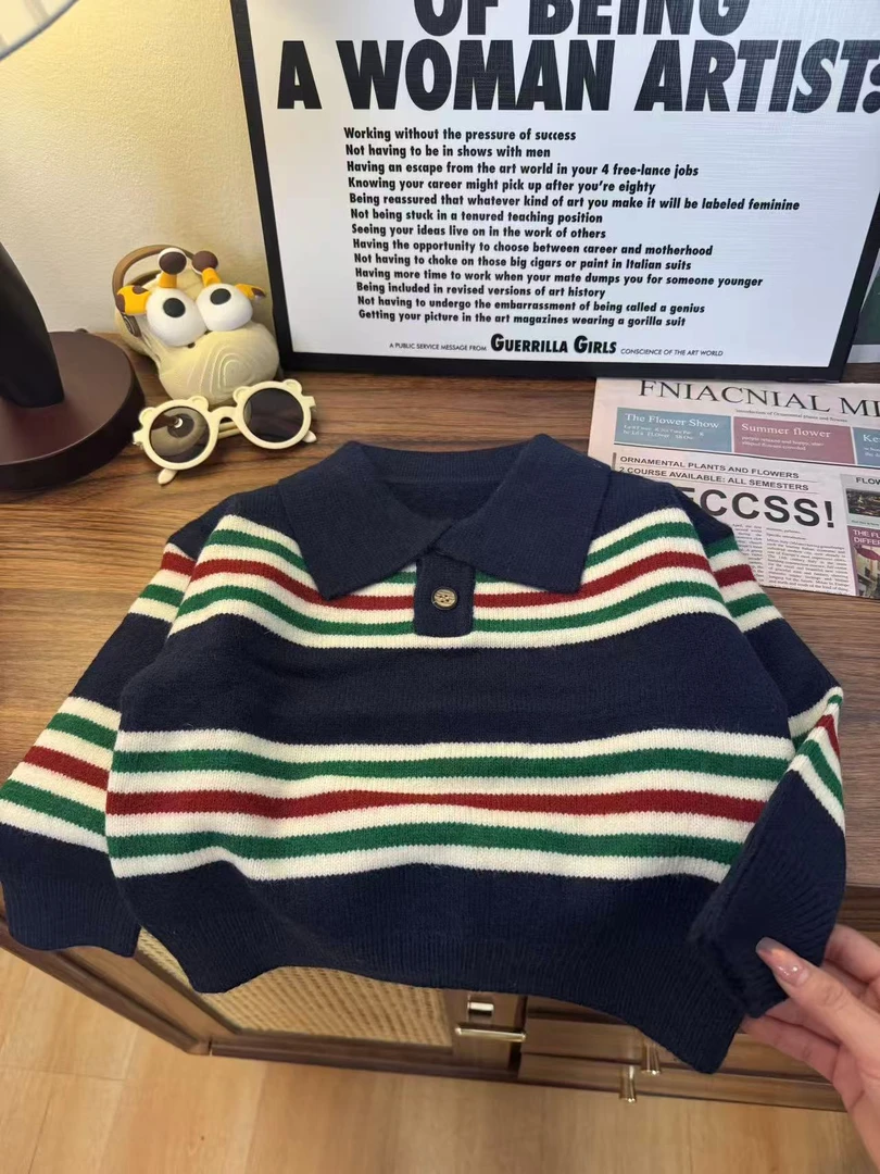 【反季特价】】套头POLO条纹秋冬儿童中小童男童韩版毛衣针织衫