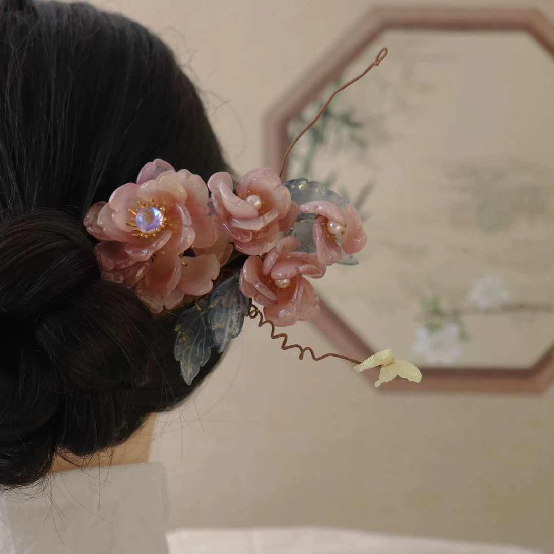 恬奇家0392“瑶池映月”高定琉璃木质发簪百搭原创设计大花步摇发簪