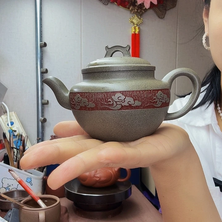 茶壶紫砂文鼎半手，松盖230毫升，青段