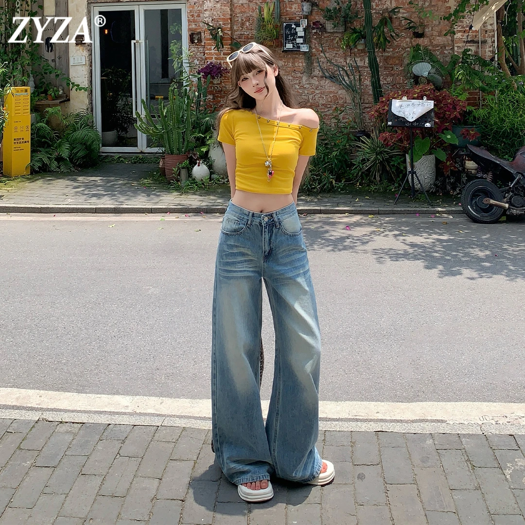 ZYZA水洗阔腿牛仔裤女秋季新款小个子高腰宽松显瘦直筒裤裤子