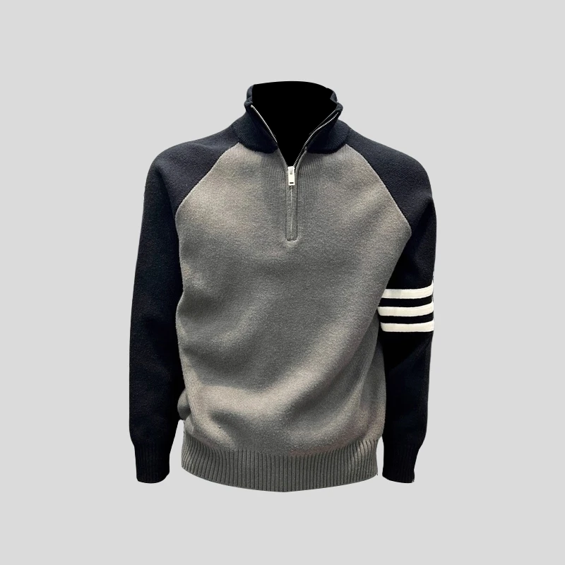 ohmmayby高品质撞色插肩袖宽松开衫男针织衫秋冬季拉链半高领毛衣