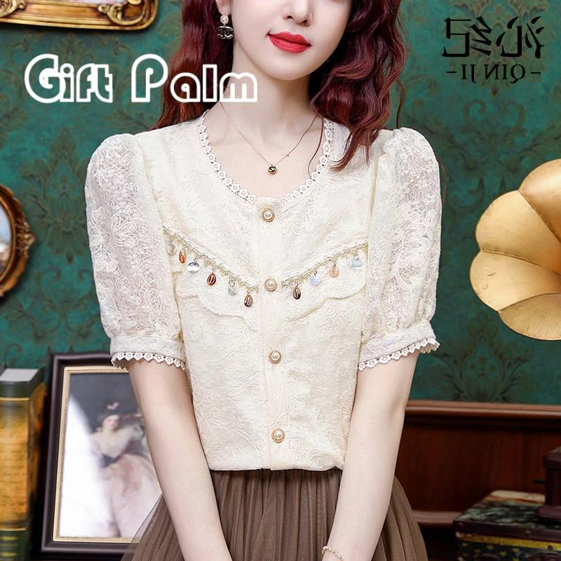 GiftPalm法式重工刺绣蕾丝衬衫女士2025夏季新款气质短袖上衣小衫