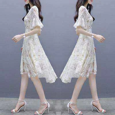 连衣裙女夏2025新款港味气质修身印花中长裙子冷淡气质风温柔裙仙