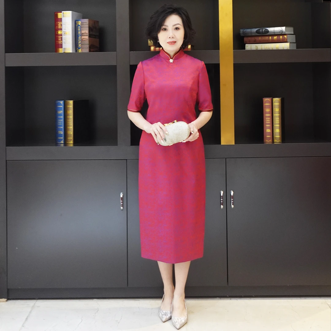 YINGDAK/应大敦煌玫红色中长款国风修身典雅旗袍裙宴会喜妈妈装