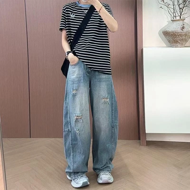 芭拉叮叮夏季破洞弯刀牛仔裤女薄款大码高腰宽松显瘦香蕉阔腿裤