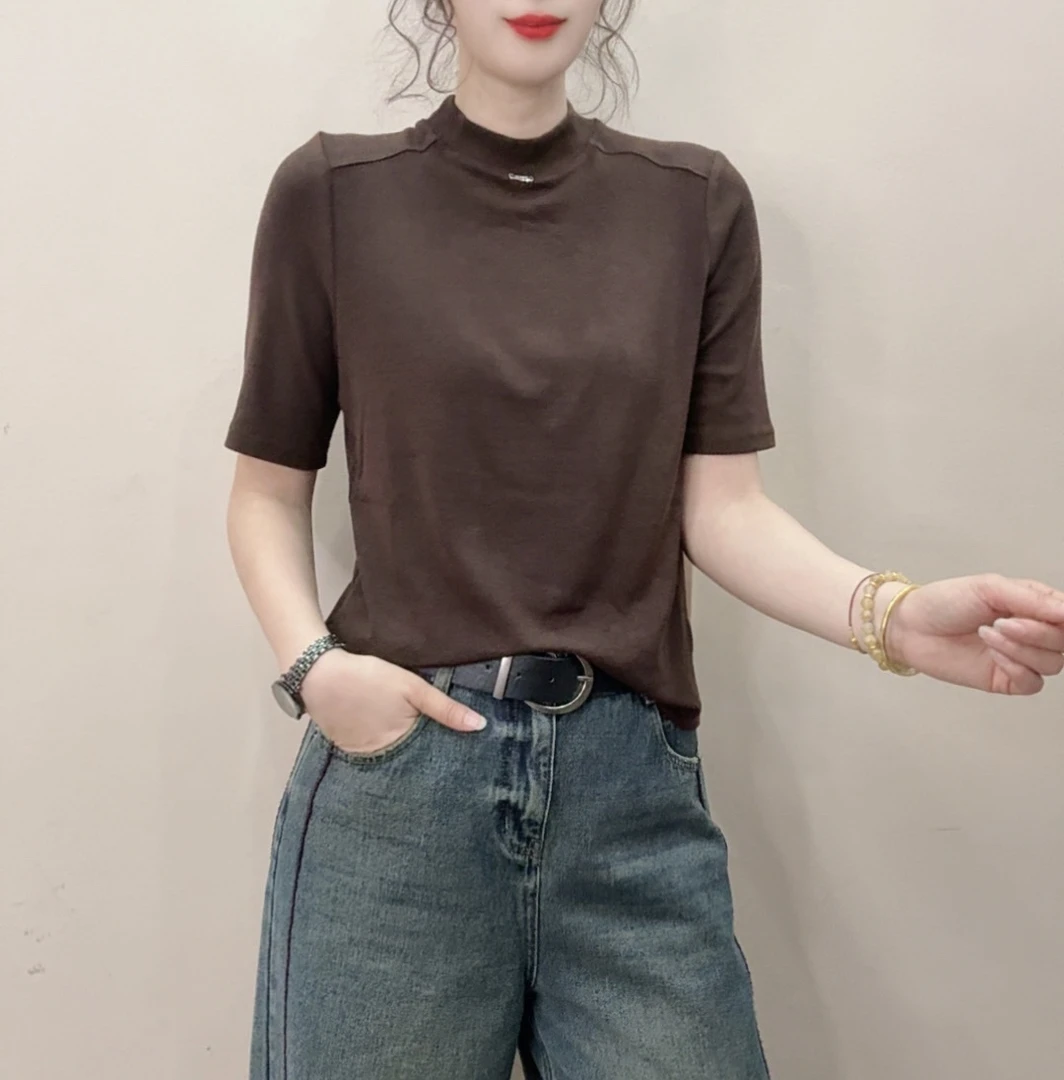 （陈小红服装）早秋新款时尚圆领短袖气质显瘦百搭休闲纯色打底上衣