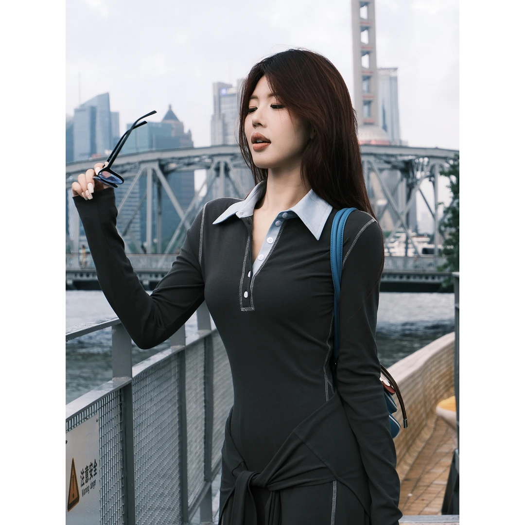 【城市旷野】甜辣多多拼接假两件连衣裙女早秋翻领收腰显瘦裙子