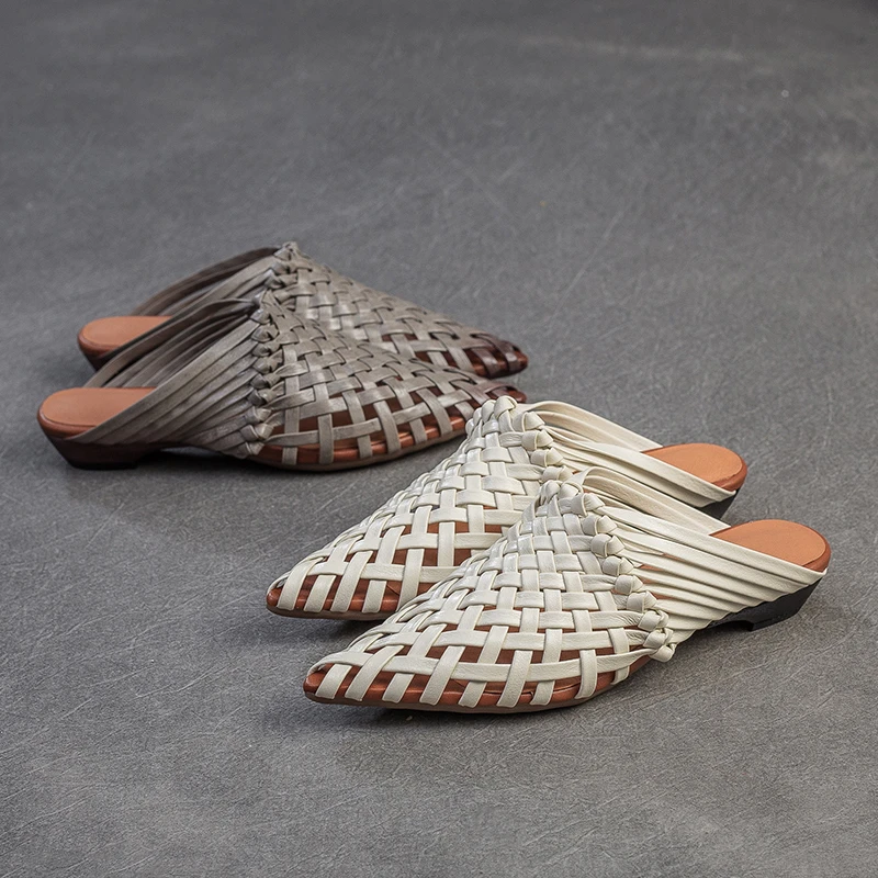 气质尖头凉拖鞋女头层牛皮2025新款夏季时尚编织半拖鞋潮平底高档