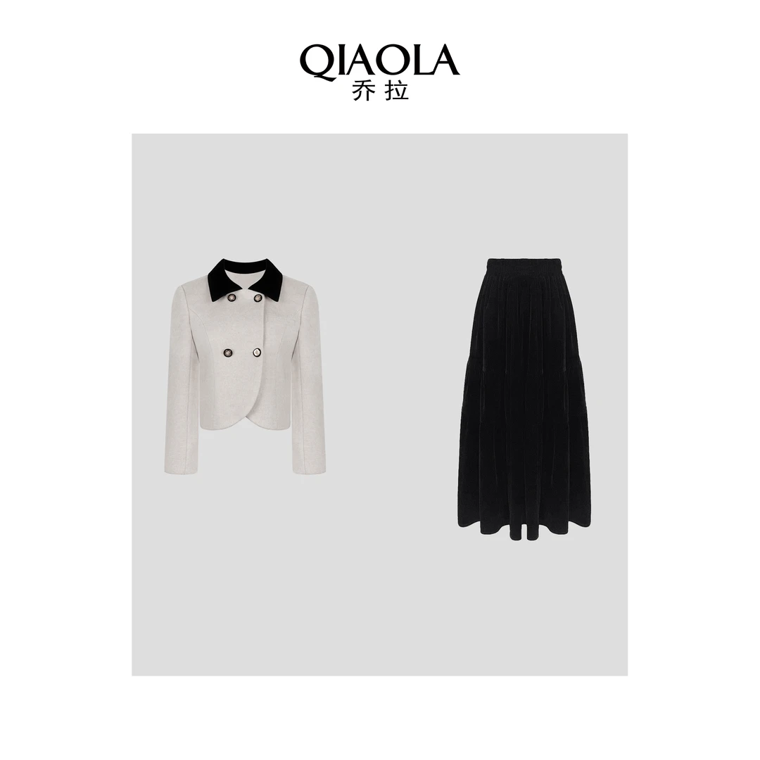 QIAOLA/乔拉【丽斯小姐】小众设计秋冬款定制毛呢撞色翻领丝绒套装