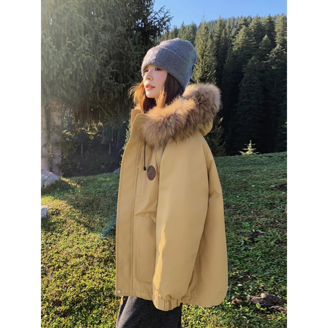 黄色大毛领工装派克羽绒服女冬2025新款连帽冲锋衣厚90白鸭绒外套