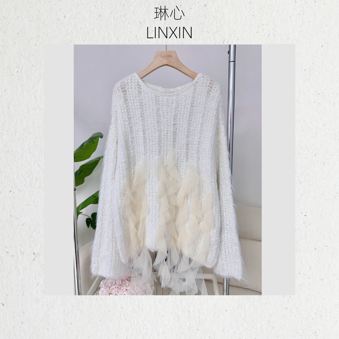 秋冬时尚百搭气质长袖亮片飘带宽松套头针织衫 0432