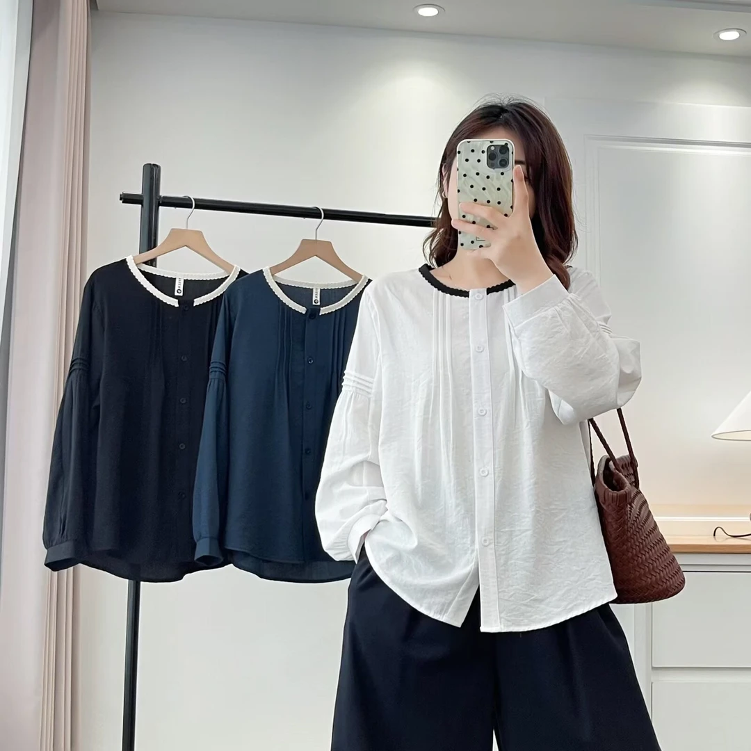 大码胖mm早秋新款时尚撞色花边领长袖衬衫女百褶拼接宽松上衣2568