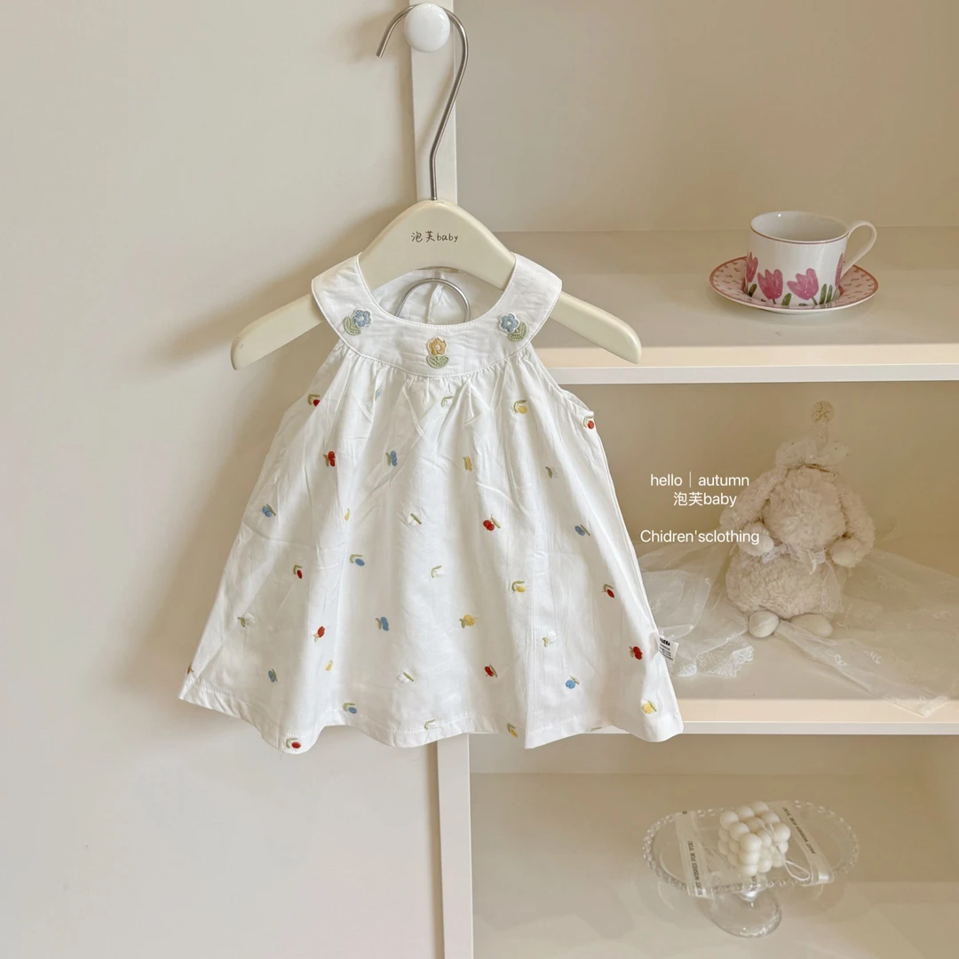 【泡芙baby】童装2025夏季女孩刺绣花朵挂脖吊带裙韩版无袖背心裙