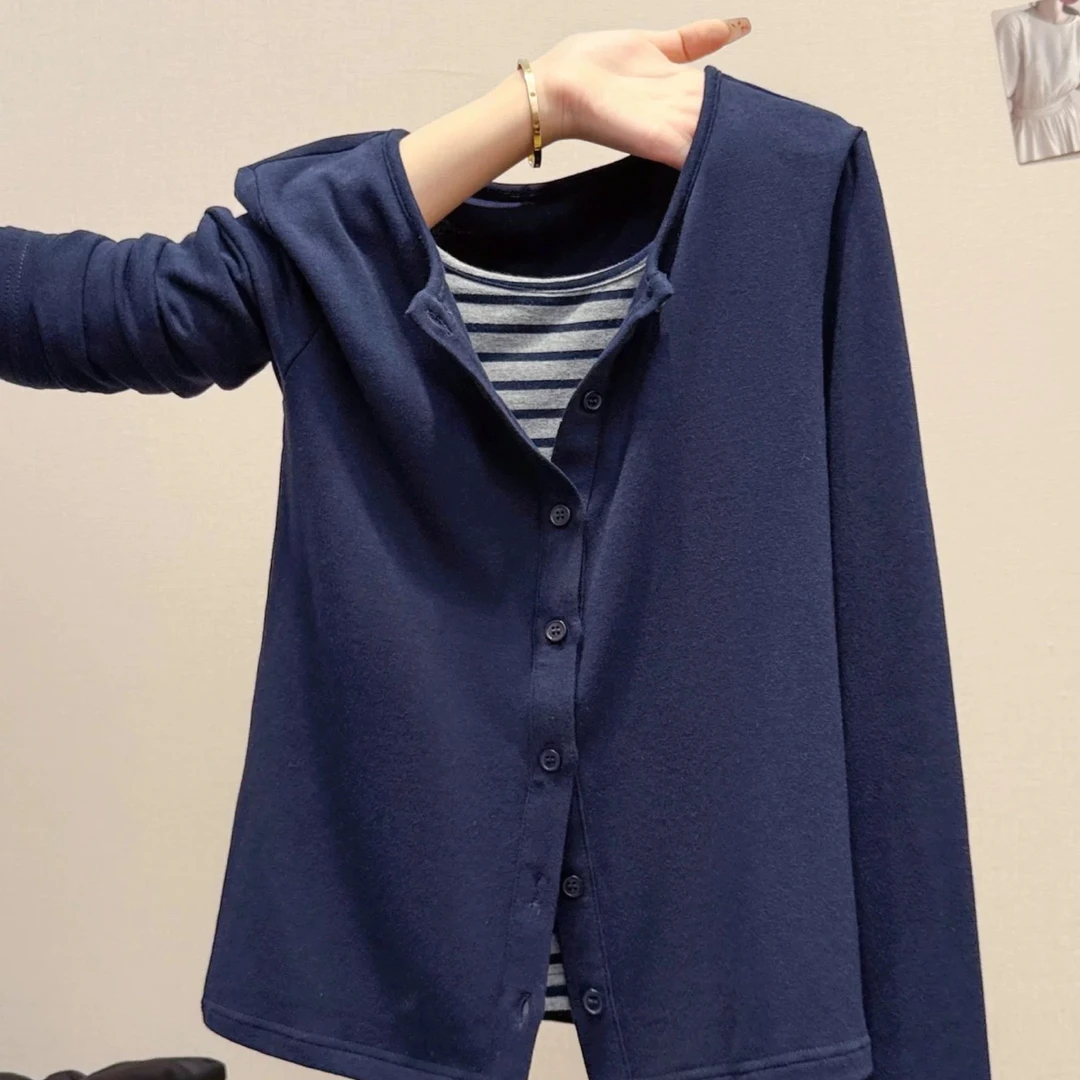 慵懒风撞色条纹拼接假两件开衫女2025早秋新款修身显瘦别致上衣潮