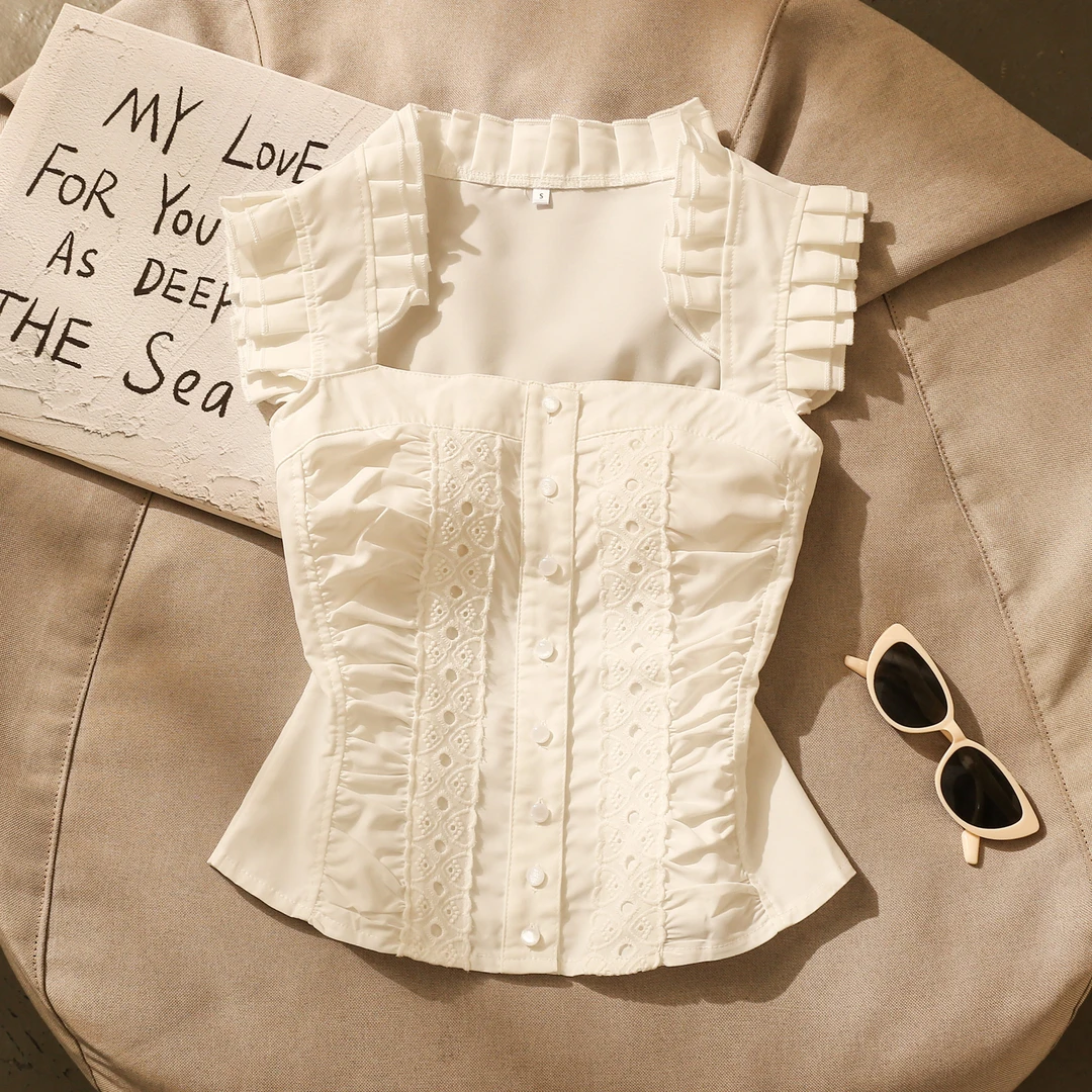 纯欲木耳边方领吊带背心女夏外穿辣妹性感修身显瘦设计感无袖上衣