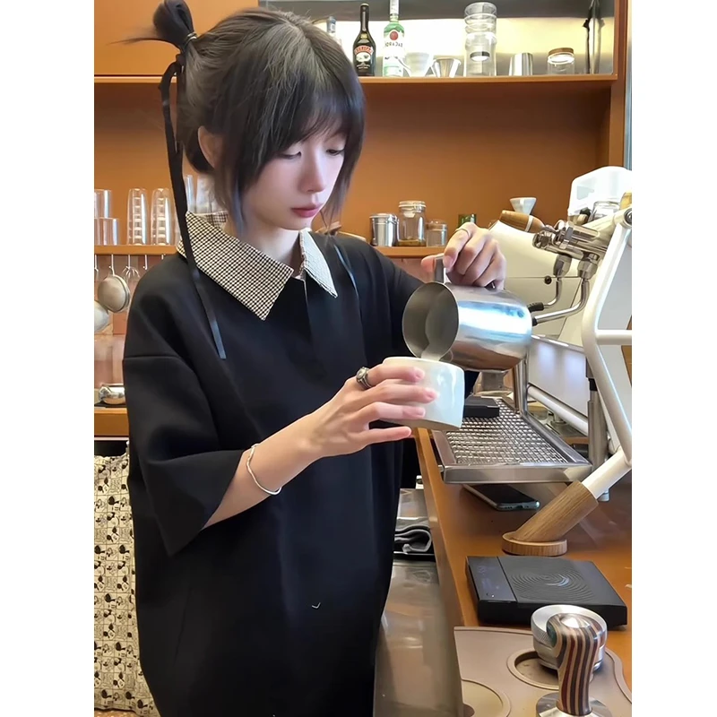707同款老钱风黑色千鸟格polo衫男款正肩t恤cleanfit翻领半截袖