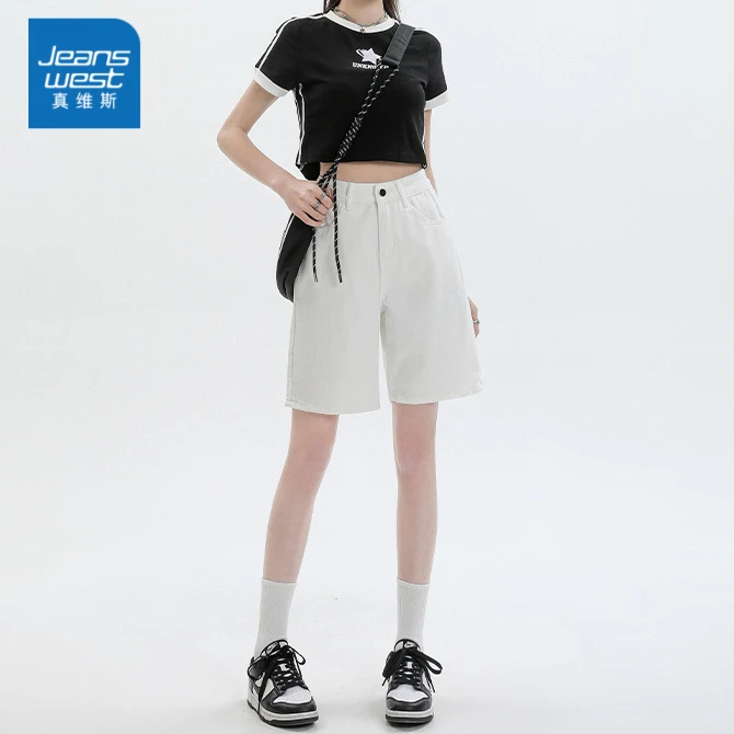 白色阔腿牛仔五分裤女2025夏季薄款高腰宽松显瘦休闲百搭直筒中裤