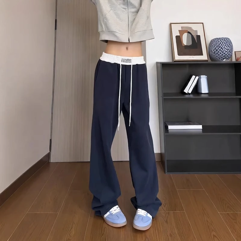 藏青色裤子男款春秋季宽松bf慵懒风休闲卫裤窄版显瘦弯刀直筒长裤