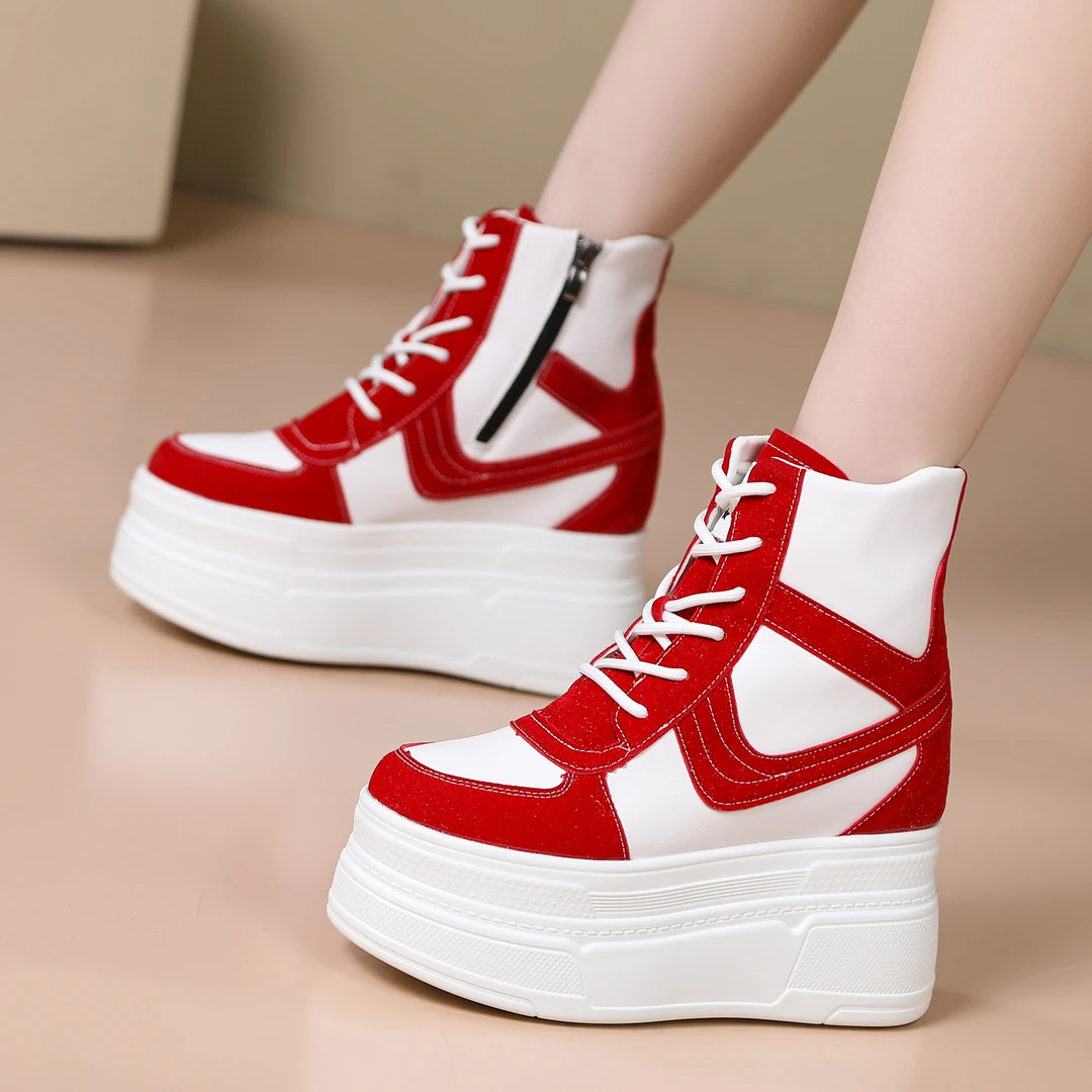 高帮女鞋超高跟12cm皮面中国红短靴小个子时尚休闲透气舒适拉链潮