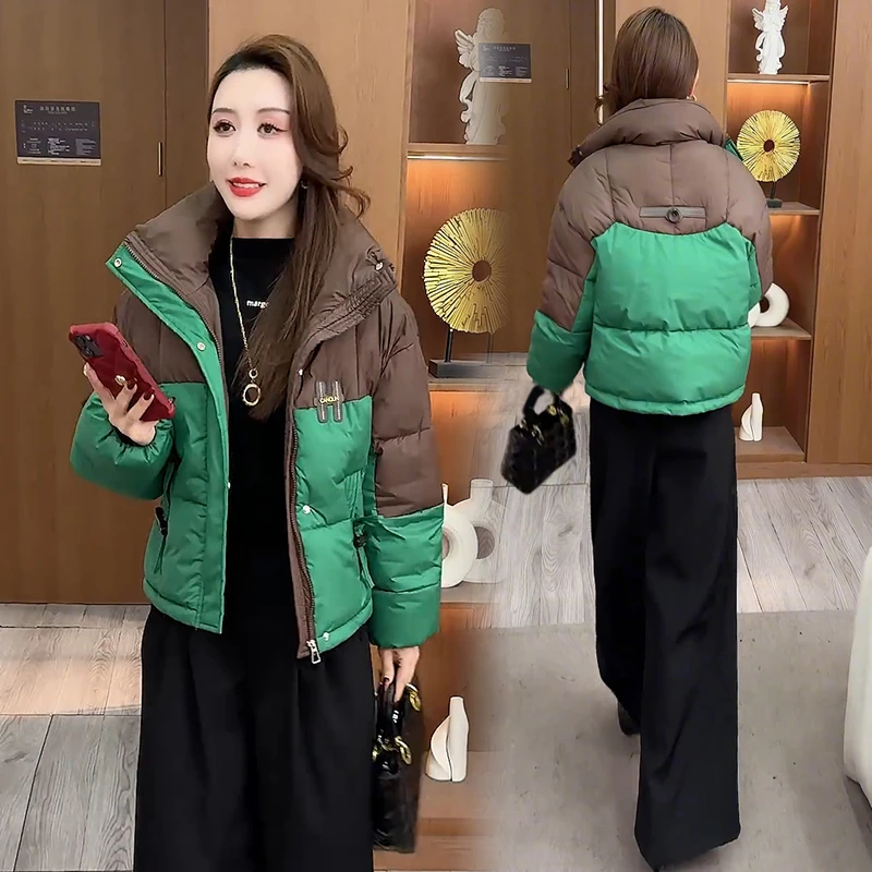 加厚短款拼色棉服外套女2024冬季新款时尚洋气宽松保暖羽绒棉衣潮