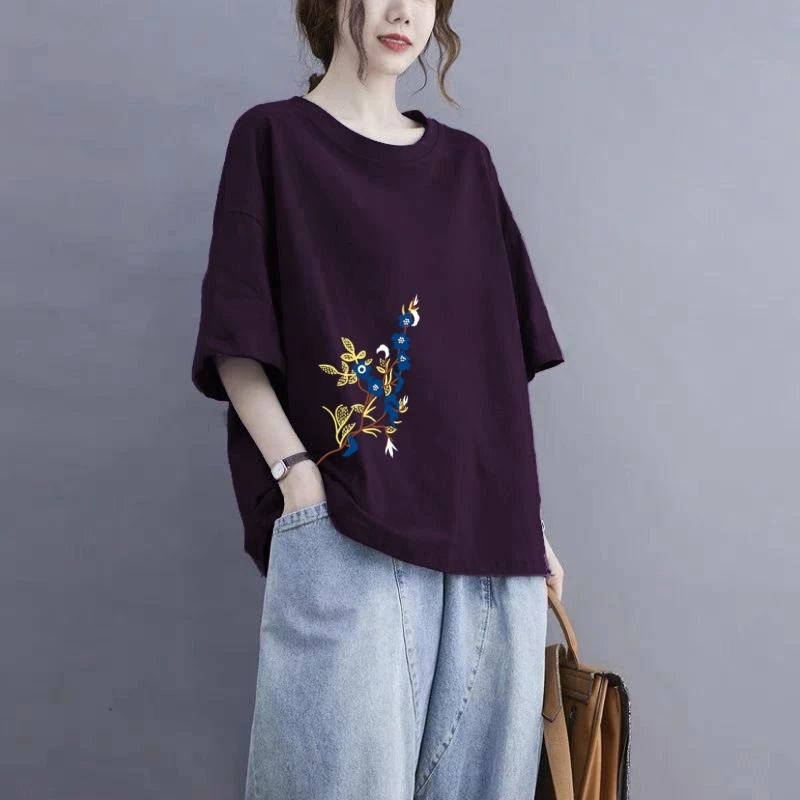 大码女装夏短袖女显瘦遮肉减龄休闲t恤宽松圆领半袖纯棉百搭上衣