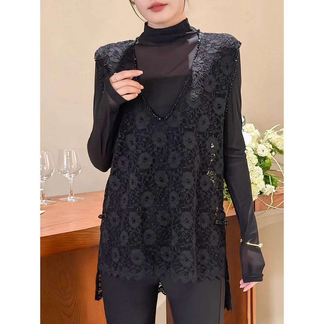 黑色v领蕾丝吊带背心女内搭秋冬镂空叠穿马甲打底气质上衣中长款