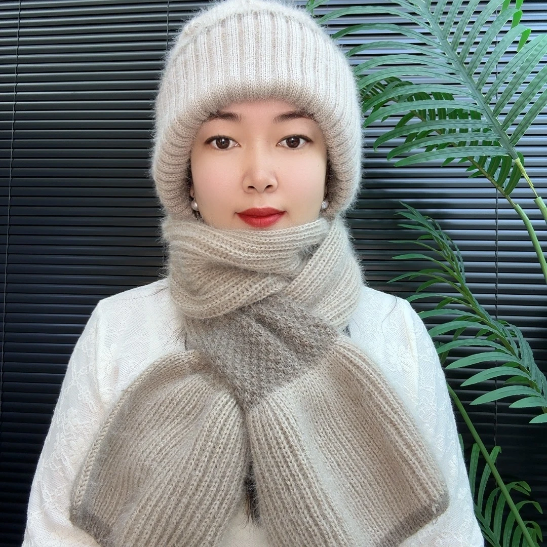秋冬季松鼠针织编织加绒加厚帽子围巾风雪帽一体护耳防寒保暖帽子