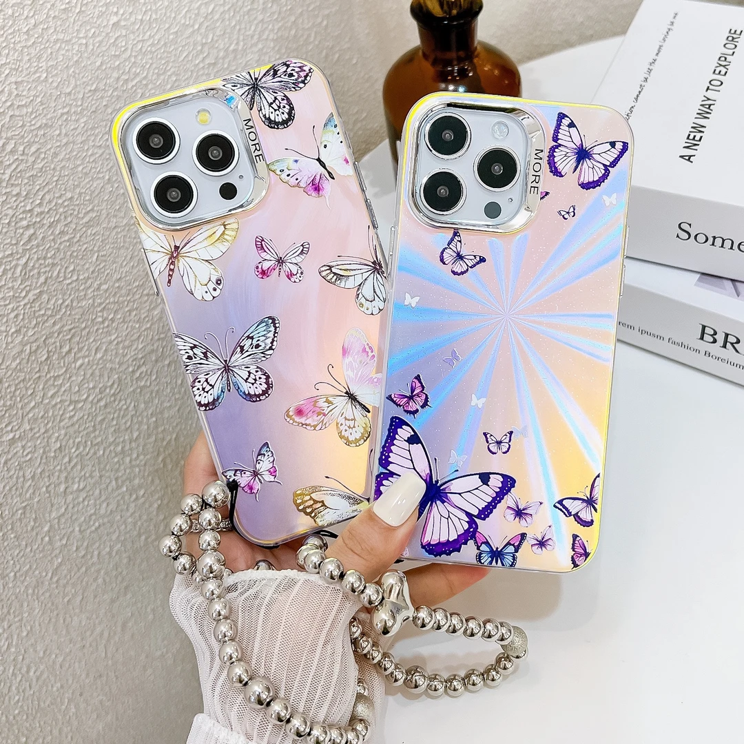 电镀镭射蝴蝶适用iPhone16e手机壳苹果15promax带珍珠手链14跨境