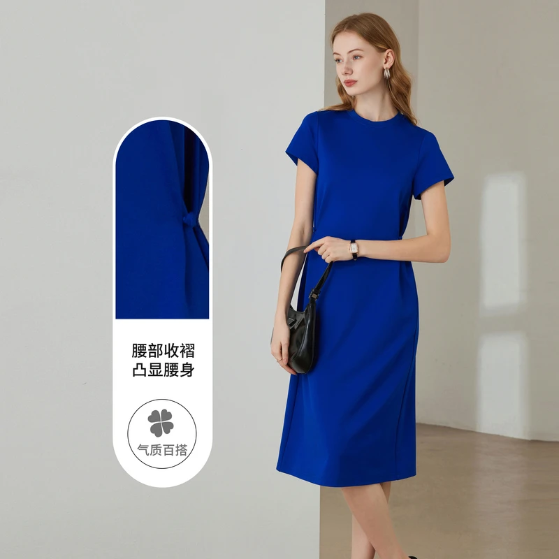 设计感收褶圆领连衣裙裙子女2025蓝色气质A字版型长裙通勤显瘦