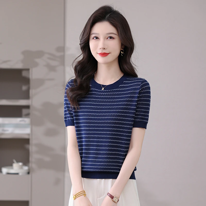 哥弟阿玛施正桑蚕丝薄款短袖t恤女夏季新款圆领洋气针织条纹上衣