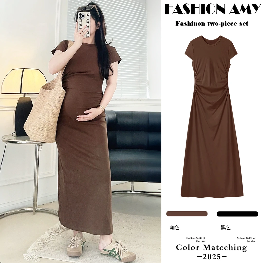 孕妇连衣裙夏季新款时尚韩版气质设计感修身显瘦辣妈捏褶弹力裙子