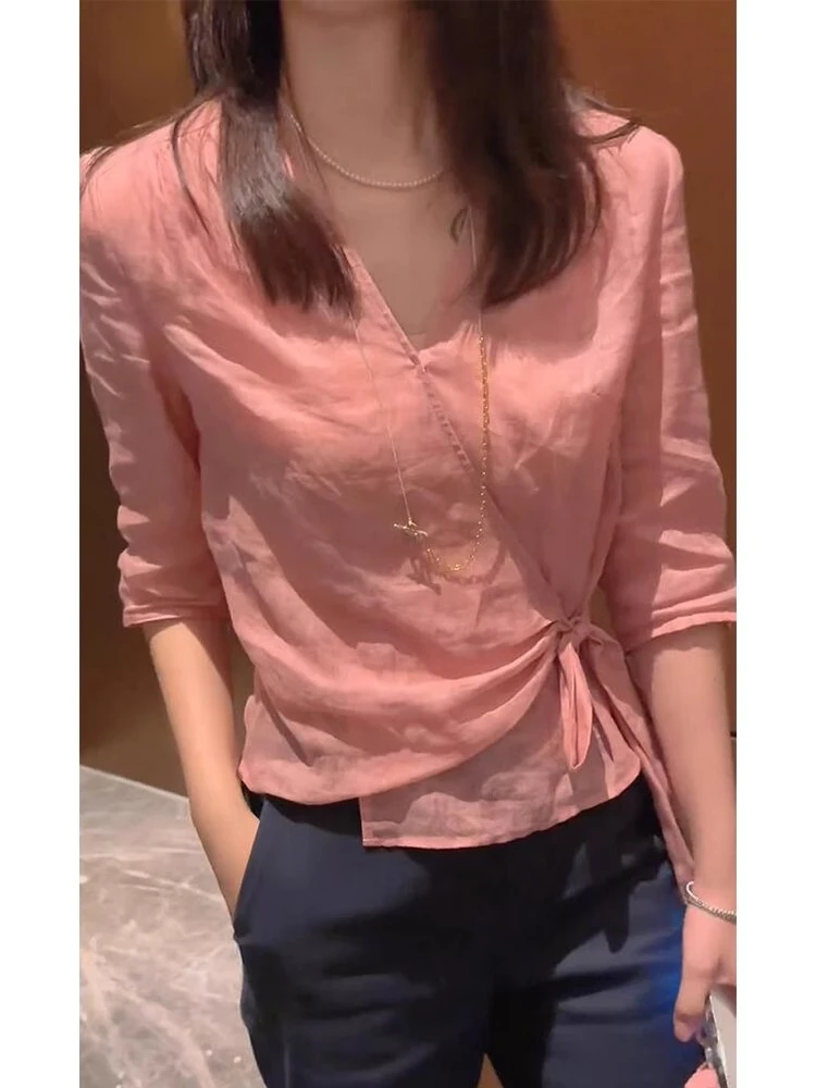 温柔轻奢设计感轻薄百搭粉色上衣2024年夏季新款漂亮轻奢减龄衬衫