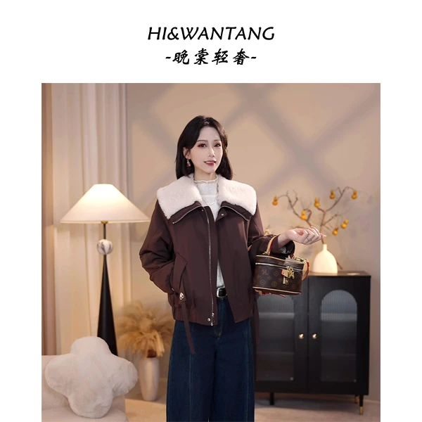 冬季新款时尚减龄大翻领加绒加厚外套女设计感小个子百搭上衣189