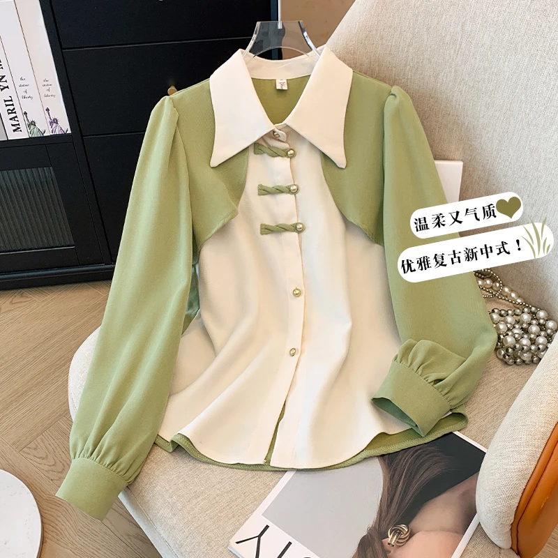 新中式国风长袖春装新款设计感假两件洋气盘扣气质百搭衬衫女上衣