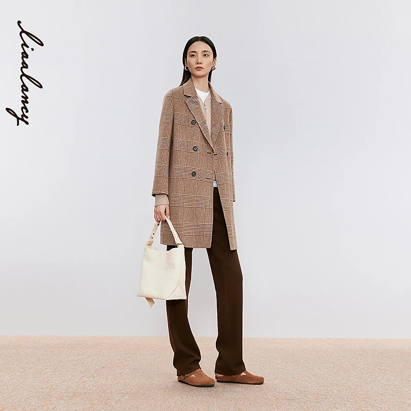 LANCY/朗姿2024冬新款纯羊毛英伦风格纹大衣女双排扣中长毛呢外套