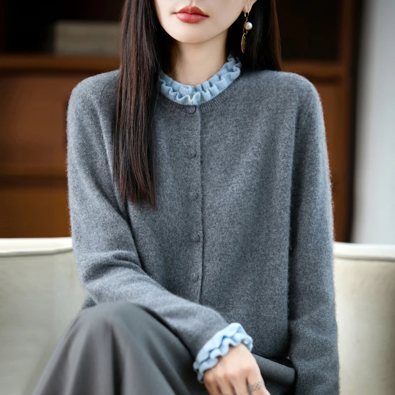 玉貌香腮天赋与~秋冬新款羊绒衫包扣木耳边女士开衫长袖百搭舒适