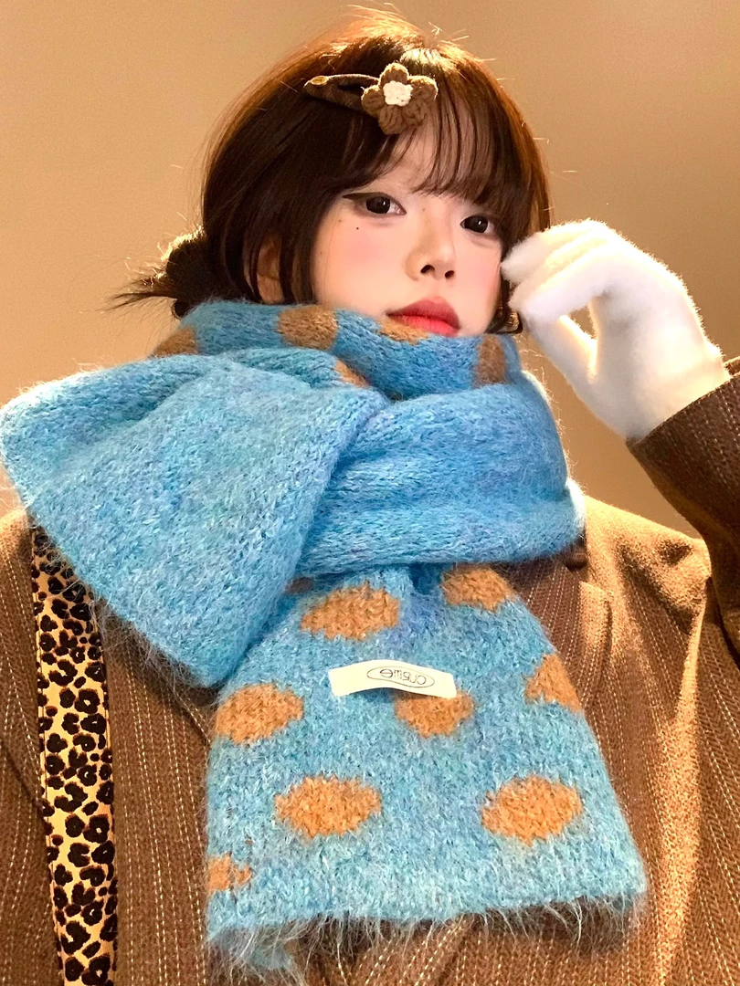 波点蓝色针织毛线围巾女冬季韩系氛围感百搭加厚保暖防寒护颈围脖