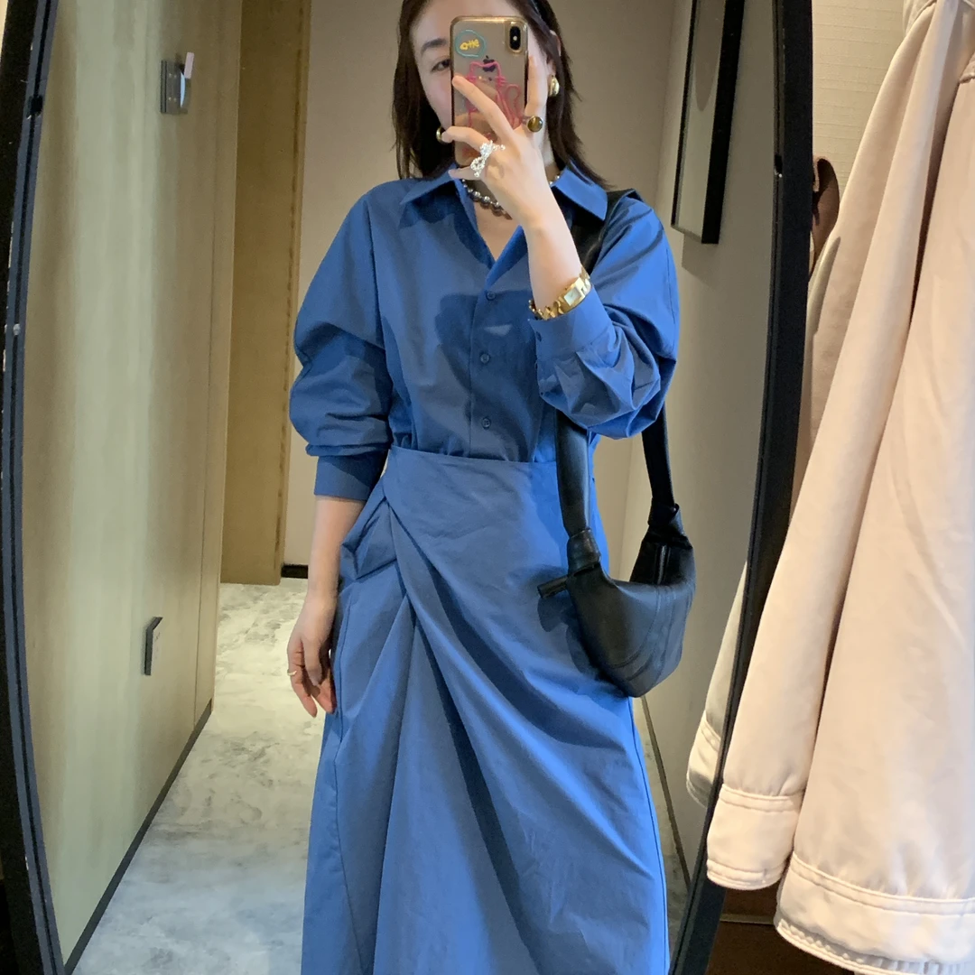 春季韩版连衣裙宽松时尚翻领蓝色中长裙春季显瘦长裙长袖气质法式