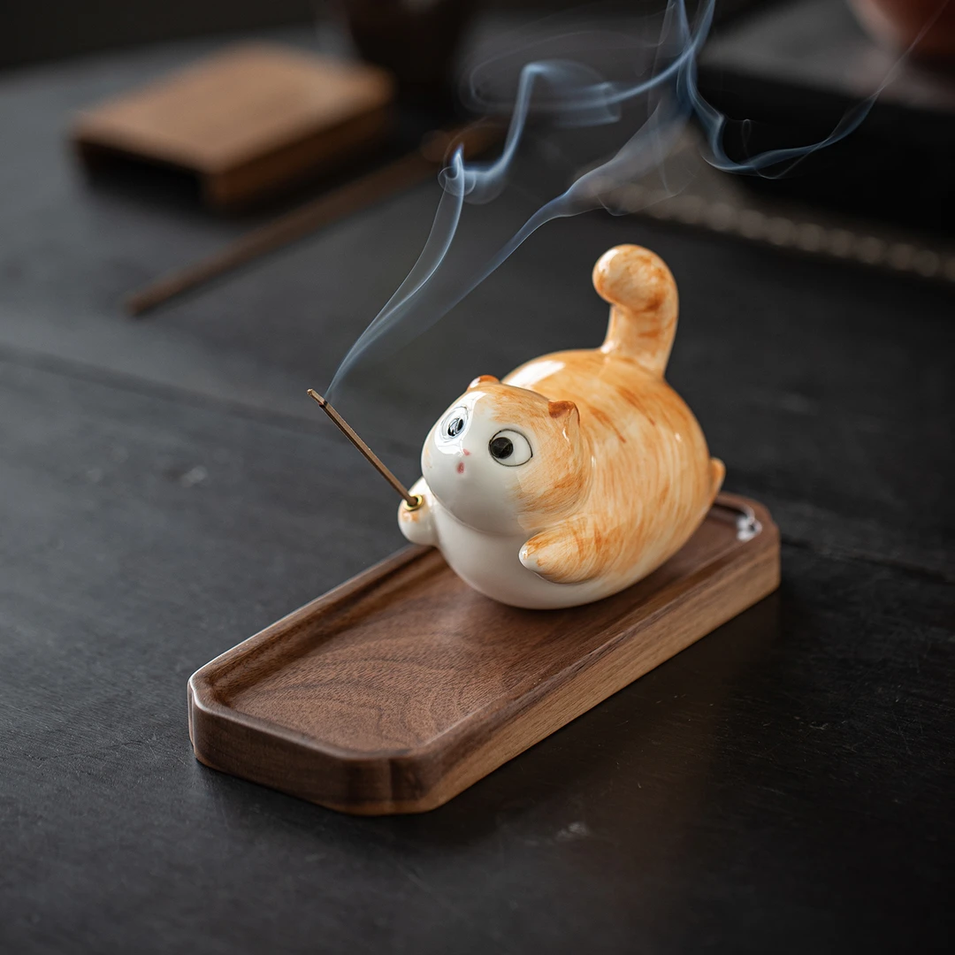 创意陶瓷小花猫线香炉香插香座家用室内点香器可爱猫咪香薰炉摆件