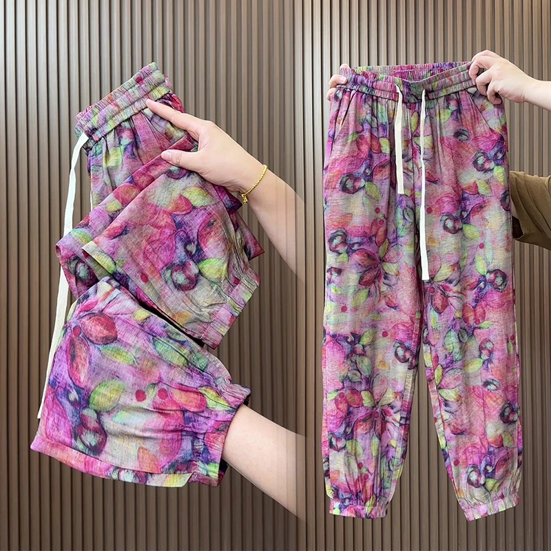 夏季薄款九分裤女裤2025新款宽松显瘦宣麻凉凉裤百搭休闲裤哈伦裤