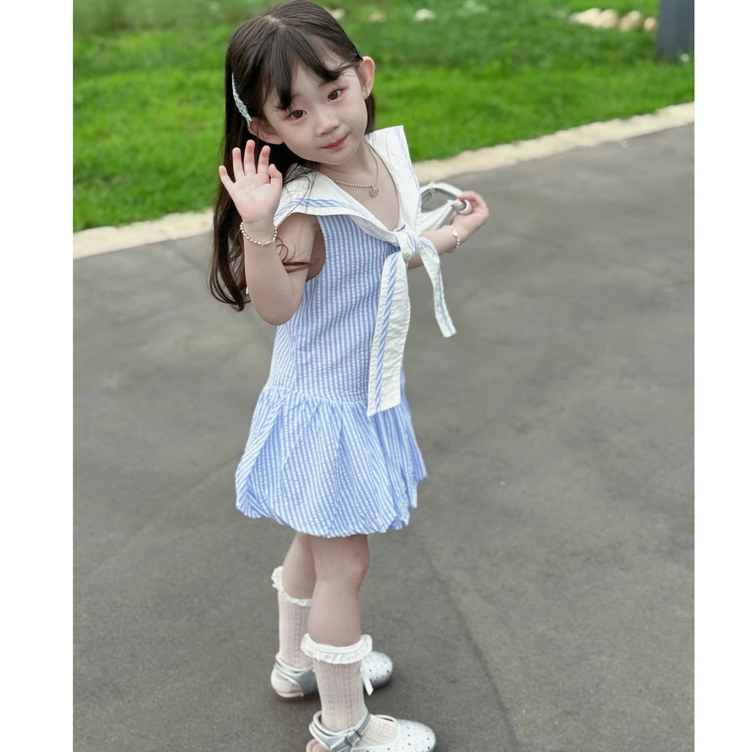 童裙2025夏新款学院风儿童海军领蓝白格花苞连衣裙女童无袖公主裙